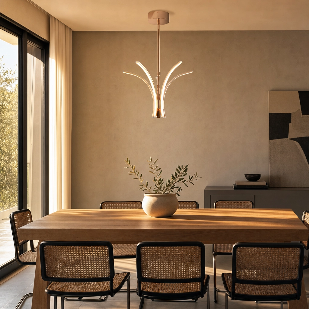 Massarosa | Araña Acrílico Cobre Moderno Sofisticado Escultural LED en comedor moderno argentino en golden hour