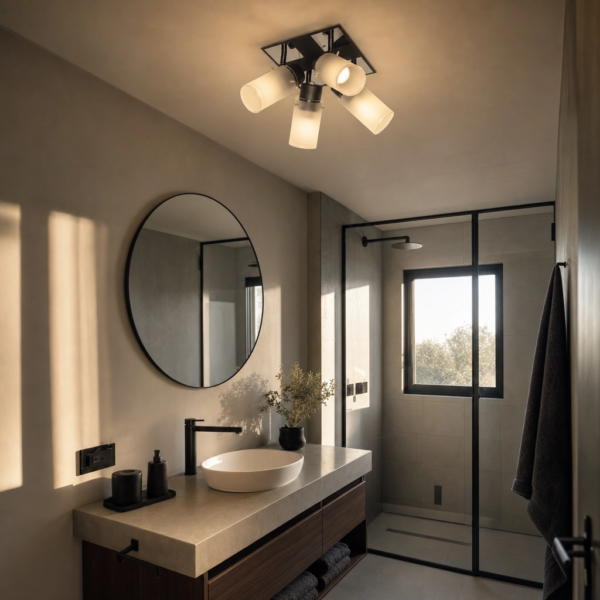Matino | Plafón Metal Vidrio Moderno Envolvente Cuádruple Tulipa E27 en baño moderno argentino
