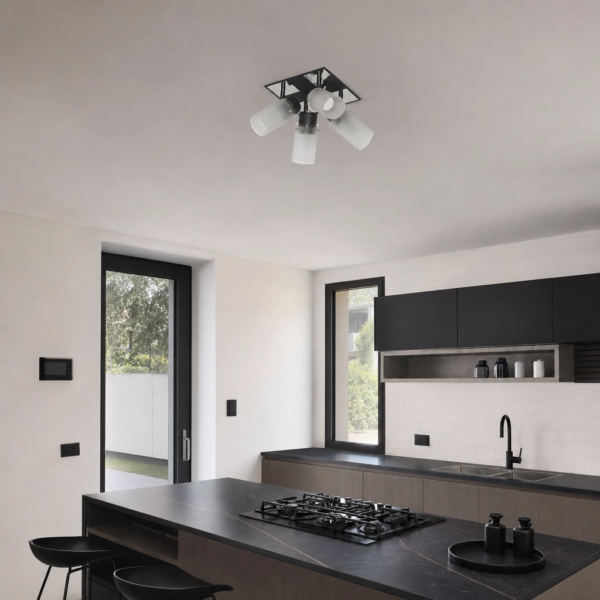 Matino | Plafón Metal Vidrio Moderno Envolvente Cuádruple Tulipa E27 en cocina moderno argentino