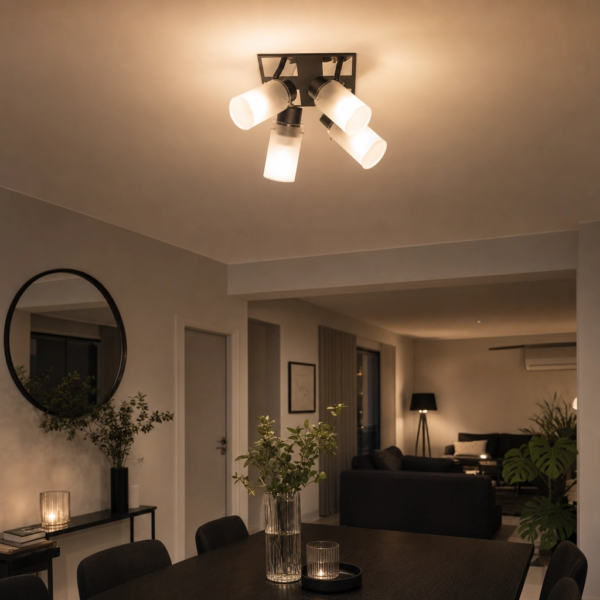 Matino | Plafón Metal Vidrio Moderno Envolvente Cuádruple Tulipa E27 en comedor moderno argentino