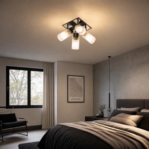 Matino | Plafón Metal Vidrio Moderno Envolvente Cuádruple Tulipa E27 en dormitorio moderno argentino