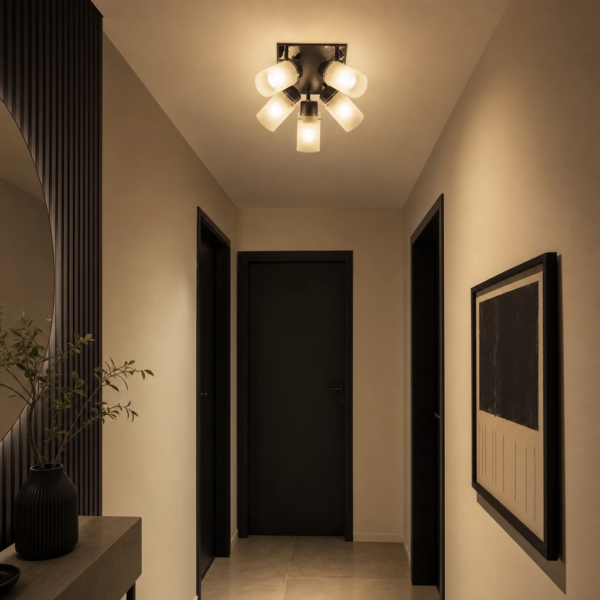 Matino | Plafón Metal Vidrio Moderno Envolvente Cuádruple Tulipa E27 en pasillo moderno argentino