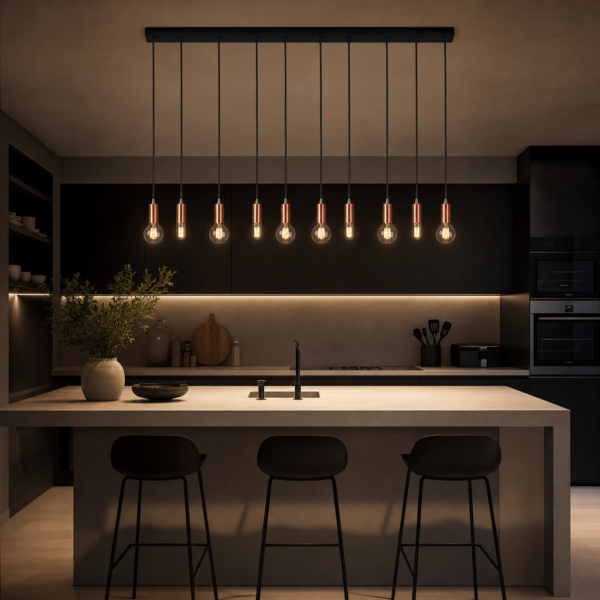 Montechiaro | Colgante Metal Cobre Industrial Cálido Tubo E27 sobre isla de cocina argentina, ambiente cálido de noche