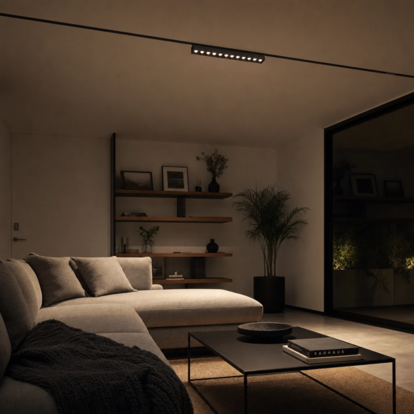 Parrilla Spots Fijos, Línea Smart, para Rieles Magnéticos. 12W, 450 lm, 3000K ~ 6500K. 220×23×43mm Negro en living moderno argentino