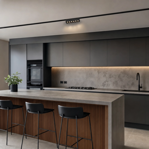 Parrilla Spots Fijos, para Rieles Magnéticos. 6W, 240 lm, 3000K. 115×23×43mm Negro en cocina moderno argentino
