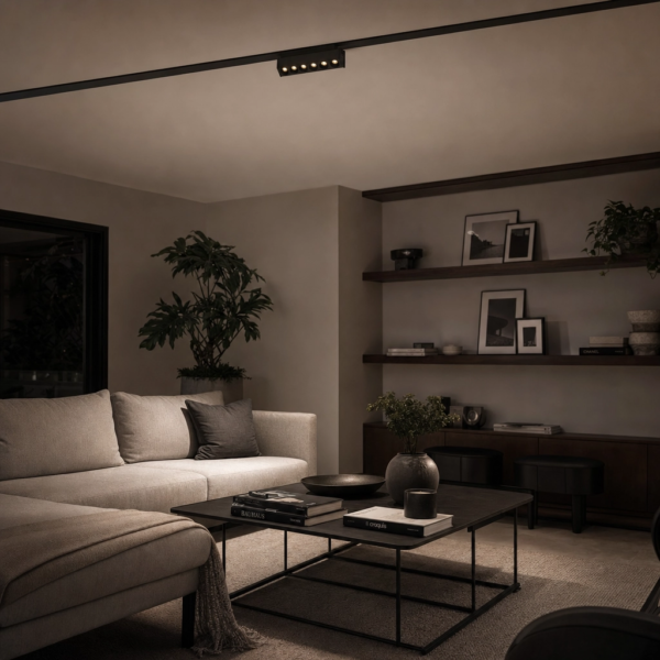 Parrilla Spots Fijos, para Rieles Magnéticos. 6W, 240 lm, 3000K. 115×23×43mm Negro en living moderno argentino