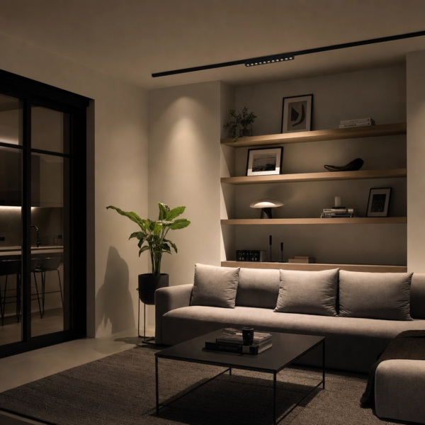 Parrilla Spots Fijos, para Rieles Magnéticos. 12W, 450 lm, 3000K. 220×23×43mm Negro en living moderno argentino