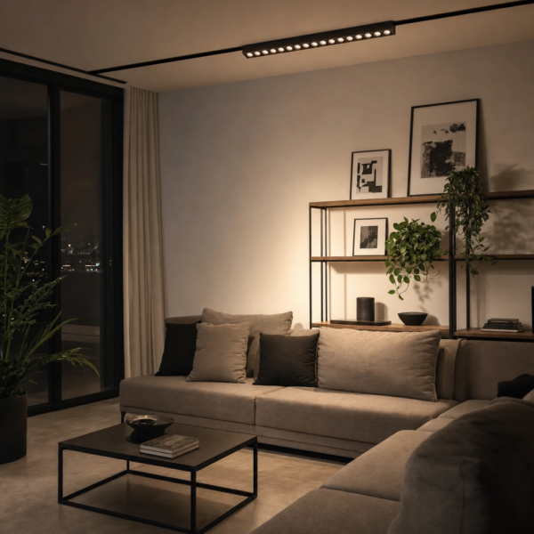 Parrilla Spots Fijos, para Rieles Magnéticos. 18W, 990 lm, 3000K. 330×23×43mm Negro en living moderno argentino