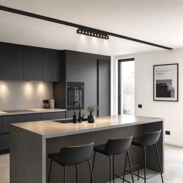 Parrilla Spots Móviles, para Rieles Magnéticos. 12W, 350 lm, 3000K. 224×23×100mm Negro en cocina moderno argentino
