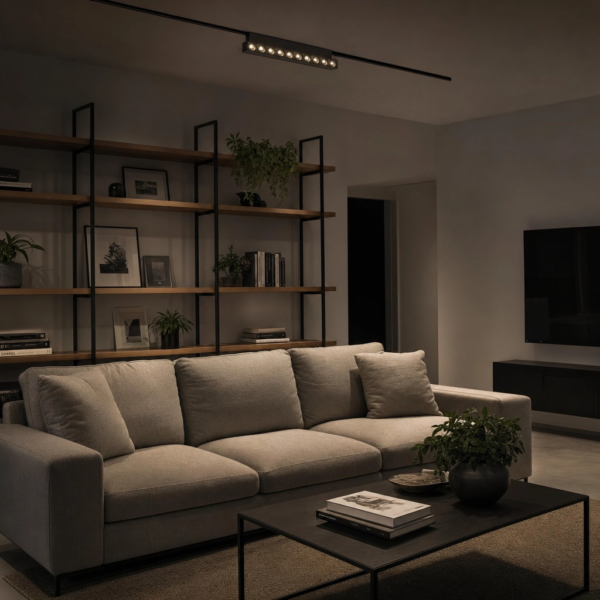 Parrilla Spots Móviles, para Rieles Magnéticos. 12W, 350 lm, 3000K. 224×23×100mm Negro en living moderno argentino