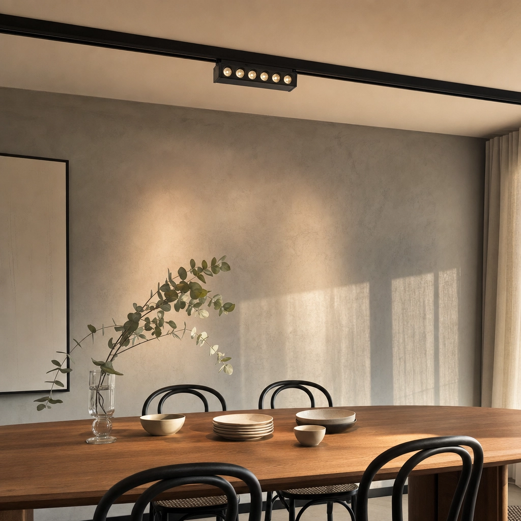 Parrilla Spots Móviles, para Rieles Magnéticos. 6W, 220 lm, 3000K. 120×23×100mm Negro en comedor moderno argentino