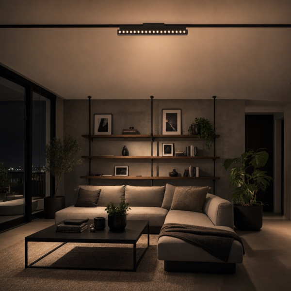 Parrilla Spots Móviles, Línea Smart, para Rieles Magnéticos. 22W, 500 lm, 3000K ~ 6500K. 332×23×100mm Negro en living moderno argentino