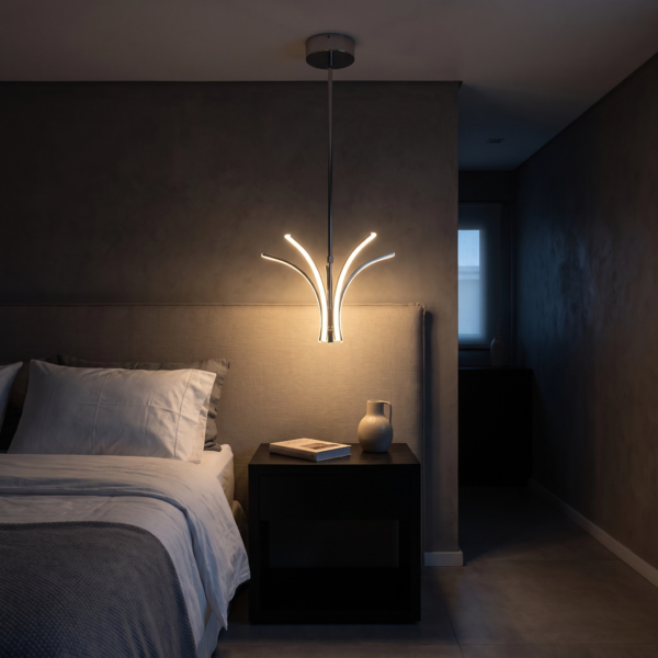 Paternò | Araña Acrílico Cromo Moderno Sofisticado Escultural LED en dormitorio moderno argentino de noche