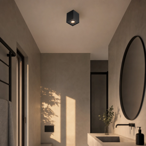 Ischitella | Plafón Aluminio Minimalista Sobrio Cubo GU10 en baño moderno argentino