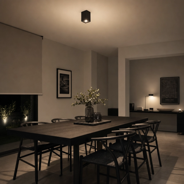 Ischitella | Plafón Aluminio Minimalista Sobrio Cubo GU10 en comedor moderno argentino
