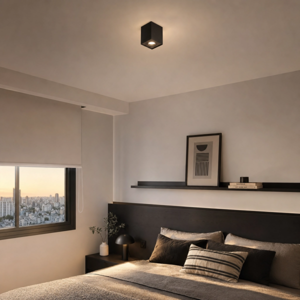 Ischitella | Plafón Aluminio Minimalista Sobrio Cubo GU10 en dormitorio moderno argentino