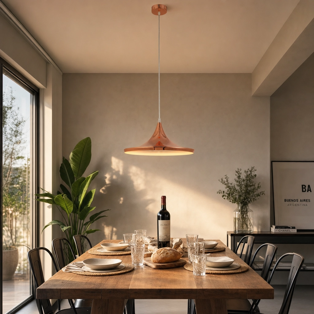 Polla | Colgante Metal Cobre Retro Cálido Cónico E27 colgando sobre mesa de comedor moderno argentino en hora dorada
