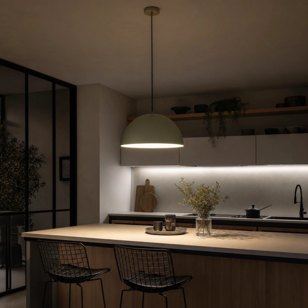 Pollica | Colgante Metal Nórdico Acogedor Cúpula E27 sobre isla de cocina argentina, ambiente cálido de noche