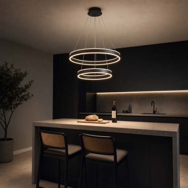 Ragusa | Colgante Metal Contemporáneo Envolvente Doble Anillo LED en cocina isla moderna argentina de noche