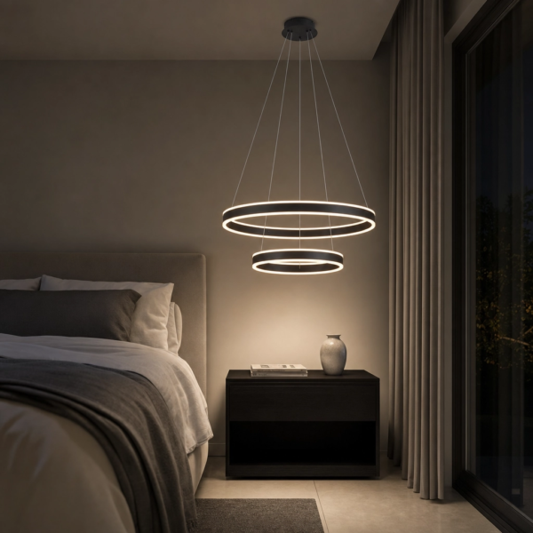 Ragusa | Colgante Metal Contemporáneo Envolvente Doble Anillo LED en dormitorio moderno argentino de noche