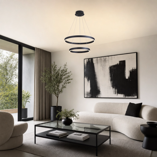 Ragusa | Colgante Metal Contemporáneo Envolvente Doble Anillo LED en living moderno argentino con luz de día