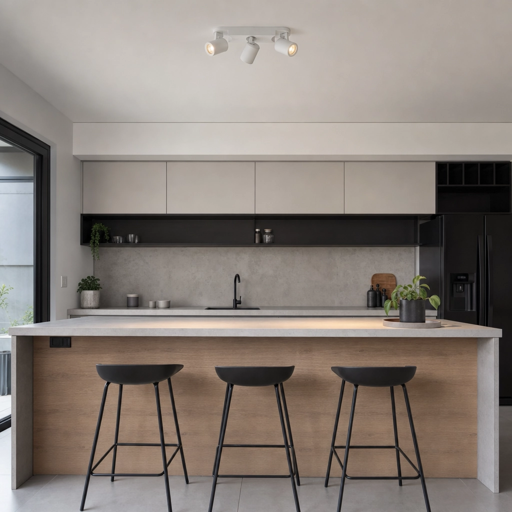 Terlizzi regleta triple de spots orientables blanca montada en el techo de una cocina moderna argentina