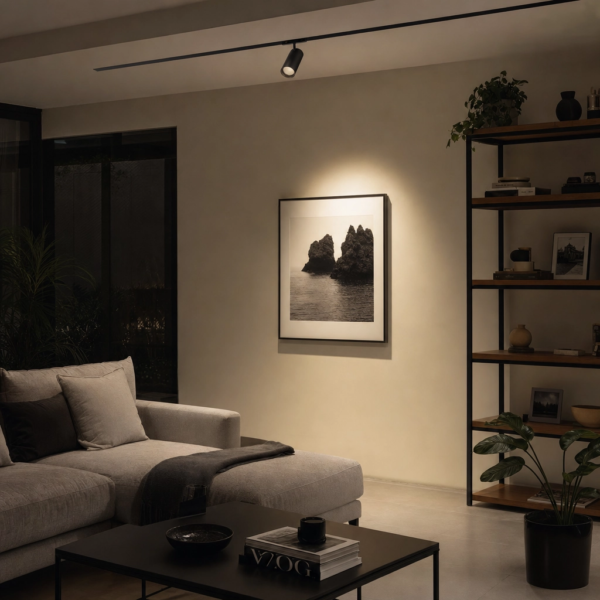 Spot Orientable, para Rieles Magnéticos. 12W, 320 lm, 3000K. 50×110mm Negro en living moderno argentino
