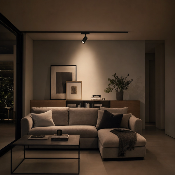 Spot Orientable, Línea Smart, para Rieles Magnéticos. 14W, 320 lm, 3000K ~ 6500K. 60×105mm Negro en living moderno argentino