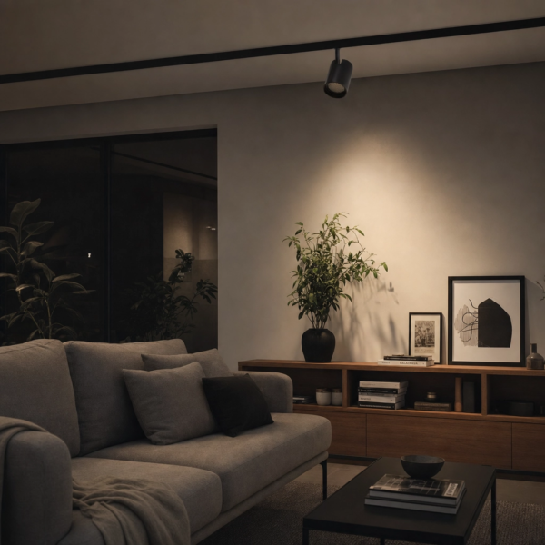 Spot Orientable, Línea Smart, para Rieles Magnéticos. 26W, 480 lm, 3000K ~ 6500K. 70×115mm Negro en living moderno argentino