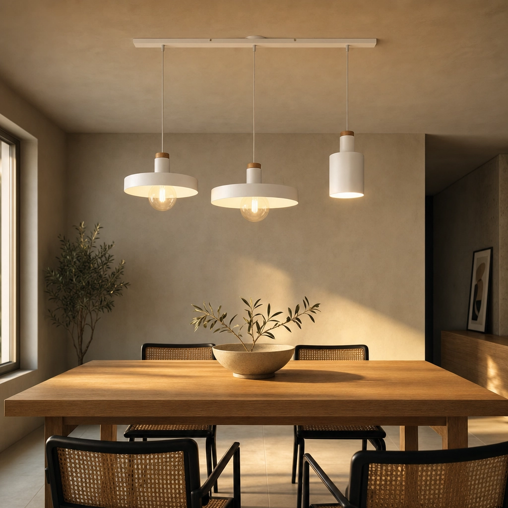 Tirano | Colgante Metal Madera Nórdico Cálido Triple E27 en comedor moderno argentino en golden hour