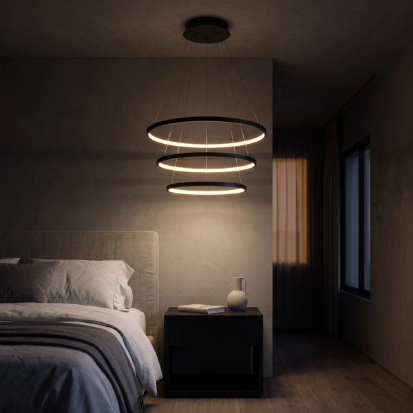 Valguarnera | Colgante Metal Contemporáneo Envolvente Doble Anillo LED en dormitorio moderno argentino de noche