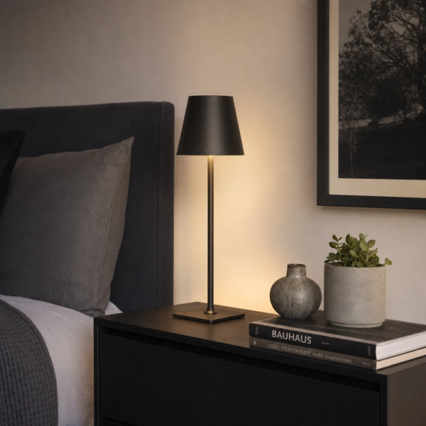 Manfredonia | Velador Metal Moderno Sereno Recargable LED en dormitorio moderno argentino