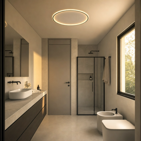 Vicari | Plafón Metal Moderno Envolvente Óvalo LED en baño moderno argentino