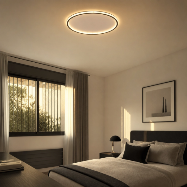 Vicari | Plafón Metal Moderno Envolvente Óvalo LED en dormitorio moderno argentino